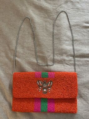 Beaded Orange Crossbody Clutch with Bee Accent